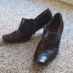 Aerosoles Square Toe Side Zip Heeled Booties in dark brown faux leather. 